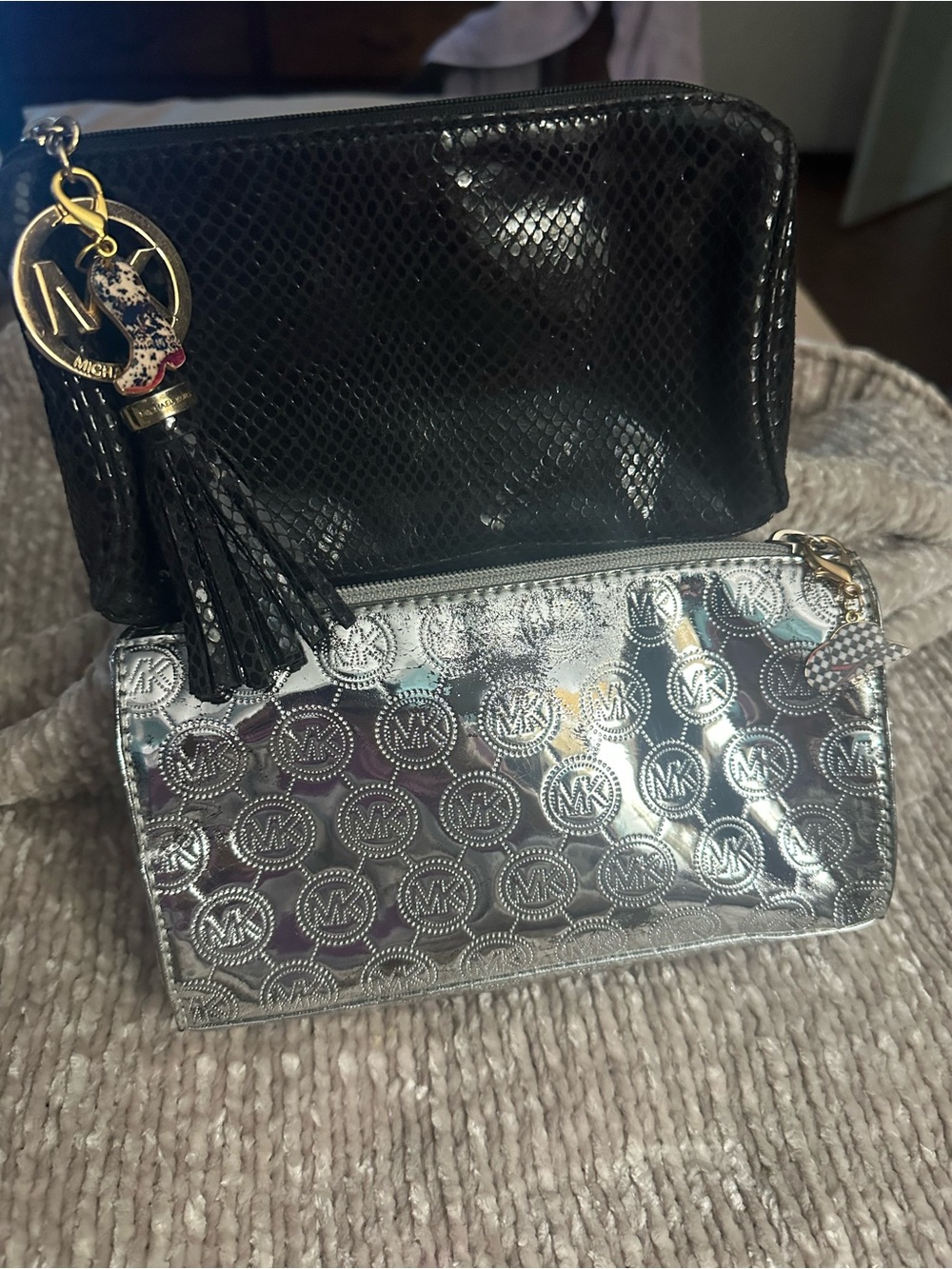 Michael Kors Black Patent MK Embossed Logo Pouch & Silver cosmetic bag